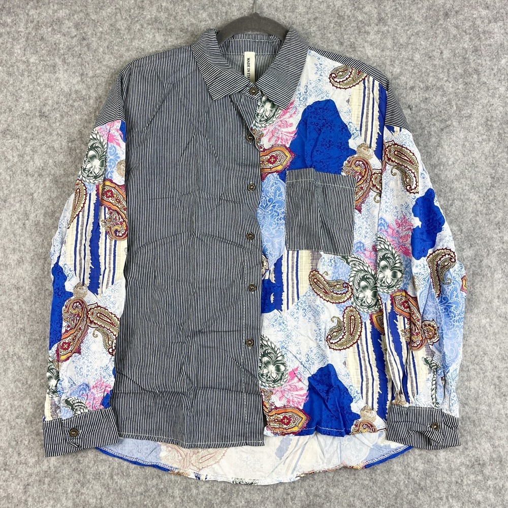 Made In Italy Top Womens Medium Mixed Print Patchwork Button Up Coastal Artsy